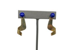 PAIR OF 14K YELLOW GOLD AND LAPIS LAZULI BEAD EARRINGS