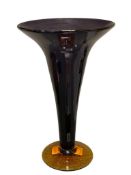 HAND BLOWN ART GLASS BLACK AMETHYST FLARED RIM VASE WITH AMBER BASE