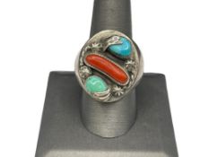 ANTIQUE OLD PAWN NAVAJO STERLING SILVER TURQUOISE AND CORAL RING