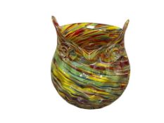 HAND BLOWN ART GLASS OWL BOWL MULTICOLOR SWIRL