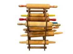VINTAGE WOODEN ROLLING PIN COLLECTION AND WOODEN DISPLAY / STAND
