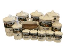 VINTAGE 1940'S CZECHOSLOVAKIA COUNTRY CERAMIC KITCHEN CANISTERS, SALT BOX, SPICE JARS, AND CRUETS