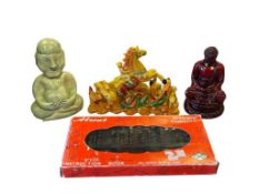 LOT OF ASIAN FIGURINES AND VINTAGE ABACUS WOOD BUDDHA RESIN ZODIAC HORSE HANDMADE CLAY BUDAI