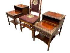 1940'S VINTAGE TWO-TIER STEP-BACK ENDTABLES IN MAHOGANY WITH GILT TRIM LEATHER TOP INSERTS