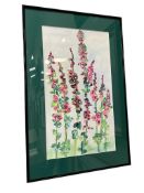 CAROL JOHNSON NEVADA ARTIST ORIGINAL WATERCOLOR ON PAPER OF HOLLYHOCKS FLOWERS