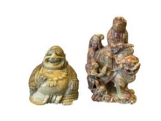 VINTAGE CHINESE STONE CARVINGS LAUGHING BUDDHA AND WOAMN ON FOO DOG