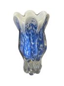 HAND BLOWN ART GLASS ENCASEDBLUE AND WHITE FLOWER VASE