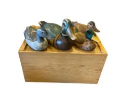 LOT OF WOOD CARVED DECORATIVE DUCK DECOYS WITH A WOOD BOX