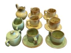 VINTAGE FRANKOMA U.S. POTTERY PRAIRIE GREEN AND DESERT GOLD CUPS, SAUCERS, PITCHER, CREAMER, SUGAR