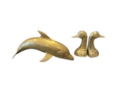 WILDLIFE BRASS DECOR DOLPHIN CENTERPIECE AND DUCK BUST WEIGHTED BOOKENDS