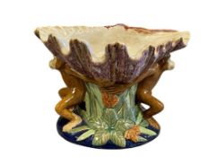 MAJOLICA STYLE MONKE HOLDING SHELL PEDESTAL GLAZED BOWL / CENTERPIECE