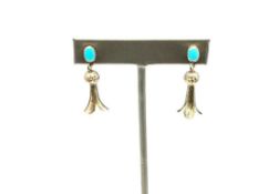 VINTAGE NAVAJO STERLING SILVER TURQUOISE SQUASH BLOSSOM EARRINGS