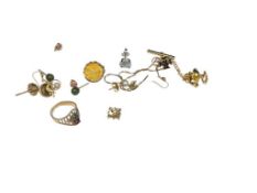 14K AND 10K GOLD SCRAP JEWELRY AND WEARABLE JEWELRY INCLUDING A GEMSTONE RING, EARRINGS, AND TIE-...
