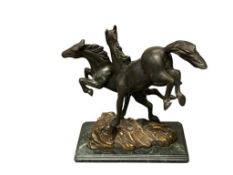 SPI SAN PACIFIC INTERNATIONAL BRONZE WESTERN SCULPTURE OF TWO WILD HORSES ON MARBLE BASE