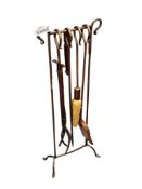 FIVE PIECE COPPER TONED METAL FIREPLACE TOOLS / IMPLEMENT SET WITH CADDY