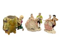 TWO ANTIQUE DRESDEN ROCOCO COUPLES PINK LACE AND ANTIQUE GERMAN BISQUE EGG VASE