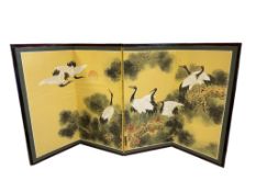 VINTAGE JAPANESE WATERCOLOR ON TEXTILE CRANES AND PINE TREE FOLDING SCREEN