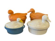 FOUR VINTAGE DUCK ON NEST CASSEROLE DISHES CARBONE CALIFORNIA POTTERY 697 BRIQUE WARE TERRA COTTA