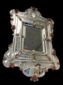 CIRCA 1900'S MURANO, VENETIAN MIRROR WITH ETCHED FLORAL ALND LEAF PANELS, MURANO PINK GLASS FLOWERS