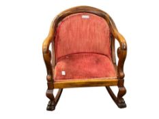ANTIQUE VICTORAIN HRSESHOE BACK MAHOGANY ROCKING CHAIR WITH CLAW FRONT LEGS
