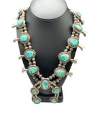VINTAGE NAVAJO NATIVE AMERICAN STERLING SILVER TURQUOISE SQUASH BLOSSOM NECKLACE