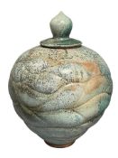 LARGE JOE WINTER LOCAL RENO, NV STUDIO ART POTTERY JAR TURQUOISE AND BROWN GLAZE WITH LID