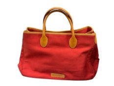 DOONEY & BOURKE RED CANVAS AND LEATHER TRIM FASHION DESIGNER BAG