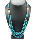 VINTAGE NATIVE AMERICAN SILVER-PLATED DOUBLE STRAND TURQUOISE NUGGET BEAD NECKLACE