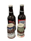 BUDWEISER COLLECTIBLE BEER STEINS AND AMBER GLASS LARGE BOTTLES