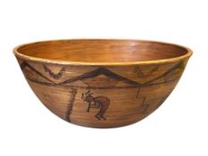 LARGE HOPI NATIVE AMERICAN KOKOPELLI DANCER HAND ILLUSTRATED WOODEN BOWL
