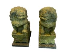 IMPRESSIVE SOLID CARVED GREEN JADE CHINESE FOO DOGS GUARDIAN LION STATUES WITH MARBLE BASE
