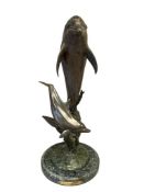 J. WYATT 20TH CENTURY AMERICAN SCULPTOR BRONZE OCEAN WILDLIFE SCULPTURE OF DOLPHINS MOTHER'S DANCE