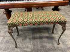 ANTIQUE PIANO BENCH WITH UPHOLSTERED FLORAL SEAT FEATURES ART DECO METAL FIGURAL WINGED LEGS