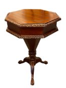 ANTIQUE VICTORIAN SEWING WORKTABLE IN A DARK FINISH WOOD AND BRASS HINGES