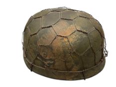 AUTHENTIC WWII GERMAN STAHLHELM METAL PARATROPER'S HELMET WITH CHICKEN WIRE AND DECALS