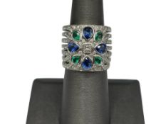 LADIES' 18K WHITE GOLD EMERALD, BLUE SAPPHIRE, AND DIAMOND RING