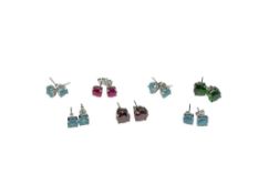 SEVEN PAIRS OF STERLING SILVE ROUND CUT SIMULATED GEMSTONE POST EARRINGS