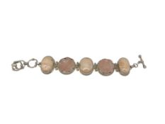 VINTAGE SIGNED STERLING SILVER CARVED ROSE QUARTZ AND PINK STONE LINK BRACELET