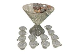 ANCHOR HOCKING MID-CENTURY THICK PRESCUT GLASS STAR OF DAVID PUNCH BOWL ON PEDESTAL WITH 12 CUPS