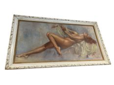 LEO JANSEN ORIGINAL OIL ON CANVAS PAINTING FEATURING PROVOCATIVE FULL BODY IMAGE OF NUDE WOMAN