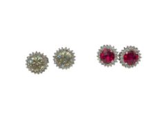 TWO PAIRS OF STERLING SILVER SYNTHETIC GEMS AND CUBIC ZIRCONIA EARRINGS FEATURING OMEGA CLIP BACKS