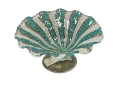 MURANO ZANFIRICO LATTICINO SCALLOPED EDGE BOWL IN WHITE AND AQUA WITH GOLD GLITTTER AND CLEAR