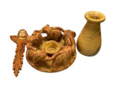 ASSORTED COLLETIBLES INCLUDING ARNIE LUND HAND TURNED WOOD VASE AND MI CASA TERRACOTTA CANDLE HOL...