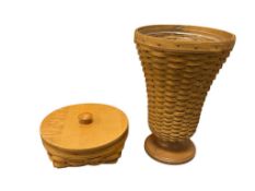 LONGABERGER HAND WOVEN MAPLE COVERED BASKET AND FOOTED VASE