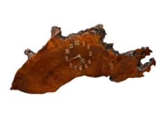VINTAGE BURL WOOD QUARTZ WALL CLOCK WITH BRASS NUMERAL DIAL