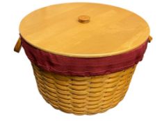 LARGE LONGABERGER HAND WOVEN MAPLE BASKET WITH CLOTH AND PLASTIC LINER AND LEATHER HANDLES