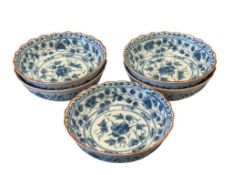 BLUE AND WHITE JAPANESE SCALLOPED EDGE BOWLS WITH FLORAL AND LEAF DESIGN SET OF FIVE