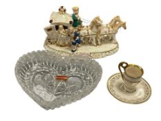 ASSORTED COLLECTIBLES INCLUDING BLEIKRISTALL HEART CANDY DISH AND VINTAGE PORCELAIN CARRIAGE FIGURE