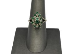 14K WHITE GOLD EMERALD AND DIAMOND COCKTAIL RING