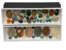 ASSORTED CABOCHON STONES INCLUDING MALACHITE, LAPIS, AGATES, TIGER'S EYE, AND MORE